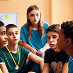 **A diverse group of teenagers gathered in a youth center, one talking intently with a youth worker who is actively listening with an empathetic expression. The scene is warm and inviting, emphasizing open communication and mental well-being. Soft, diffused lighting. Social media icons subtly float in the background, representing the digital connection to the youth. (Style: Realistic, inclusive)**