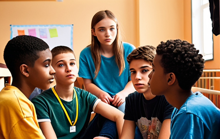 **A diverse group of teenagers gathered in a youth center, one talking intently with a youth worker who is actively listening with an empathetic expression. The scene is warm and inviting, emphasizing open communication and mental well-being. Soft, diffused lighting. Social media icons subtly float in the background, representing the digital connection to the youth. (Style: Realistic, inclusive)**