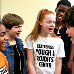** A diverse group of teenagers participating in a lively role-playing session during an assertiveness training workshop. The setting is a bright, modern youth center in the Netherlands. Focus on expressions of confidence and collaboration. Consider including a "rollenspel" sign for authenticity.

**