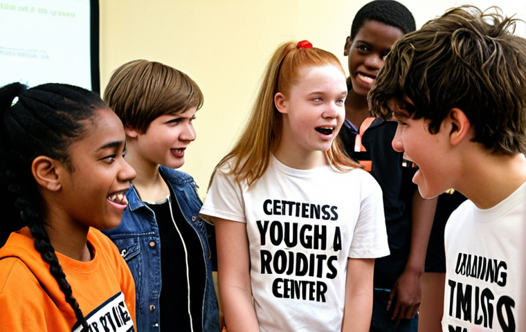 ** A diverse group of teenagers participating in a lively role-playing session during an assertiveness training workshop. The setting is a bright, modern youth center in the Netherlands. Focus on expressions of confidence and collaboration. Consider including a "rollenspel" sign for authenticity.
**