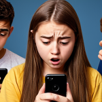 A group of teenagers looking at their smartphones, displaying a mix of emotions like anxiety, comparison, and the need for validation, with social media icons subtly in the background. This visually represents the impact of social media on self-esteem.