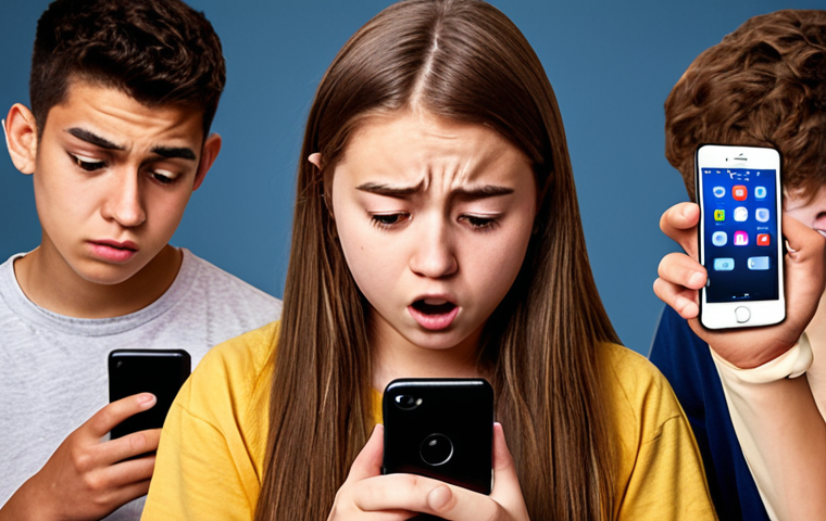 A group of teenagers looking at their smartphones, displaying a mix of emotions like anxiety, comparison, and the need for validation, with social media icons subtly in the background. This visually represents the impact of social media on self-esteem.