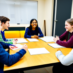 A professional youth worker in modest, professional attire, engaging with a diverse group of young adults in a bright, modern community center. The youth are fully clothed in appropriate attire, seated around a collaborative table, and actively participating in a group discussion, showing attentiveness and engagement. The atmosphere is supportive and respectful, conveying proactive youth development and holistic well-being. The background features subtle educational materials and inspiring, contemporary artwork. This image is safe for work, appropriate content, professional, family-friendly, with perfect anatomy, correct proportions, natural pose, well-formed hands, proper finger count, and natural body proportions.