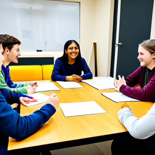 Home 22 A professional youth worker in modest, professional attire, engaging with a diverse group of young adults in a bright, modern community center. The youth are fully clothed in appropriate attire, seated around a collaborative table, and actively participating in a group discussion, showing attentiveness and engagement. The atmosphere is supportive and respectful, conveying proactive youth development and holistic well-being. The background features subtle educational materials and inspiring, contemporary artwork. This image is safe for work, appropriate content, professional, family-friendly, with perfect anatomy, correct proportions, natural pose, well-formed hands, proper finger count, and natural body proportions.