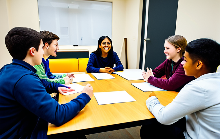 A professional youth worker in modest, professional attire, engaging with a diverse group of young adults in a bright, modern community center. The youth are fully clothed in appropriate attire, seated around a collaborative table, and actively participating in a group discussion, showing attentiveness and engagement. The atmosphere is supportive and respectful, conveying proactive youth development and holistic well-being. The background features subtle educational materials and inspiring, contemporary artwork. This image is safe for work, appropriate content, professional, family-friendly, with perfect anatomy, correct proportions, natural pose, well-formed hands, proper finger count, and natural body proportions.