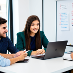 A diverse group of professional youth professionals, fully clothed in modern business casual attire, engaged in an active brainstorming session around a large table in a bright, contemporary community hub. They are collaboratively discussing ideas, with one person pointing at a whiteboard filled with interconnected concepts and diagrams. Laptops are open on the table, and there are cups of coffee. The atmosphere is vibrant, supportive, and focused on collective innovation. safe for work, appropriate content, fully clothed, professional dress, perfect anatomy, correct proportions, natural pose, well-formed hands, proper finger count, natural body proportions, high quality, professional photography.
