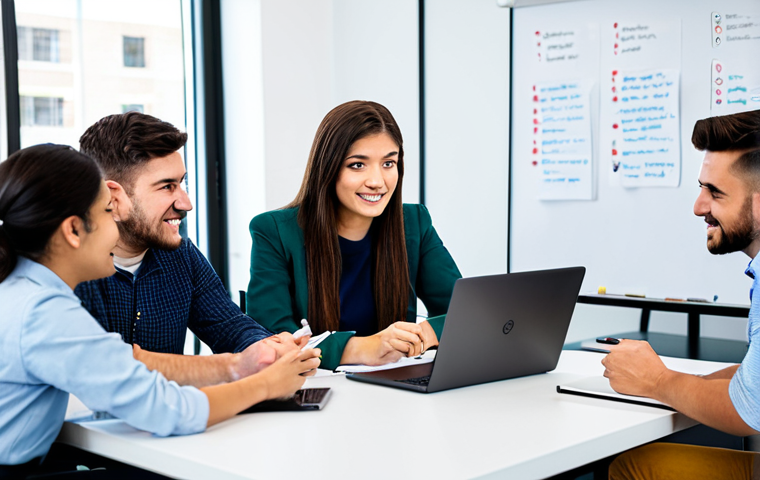 A diverse group of professional youth professionals, fully clothed in modern business casual attire, engaged in an active brainstorming session around a large table in a bright, contemporary community hub. They are collaboratively discussing ideas, with one person pointing at a whiteboard filled with interconnected concepts and diagrams. Laptops are open on the table, and there are cups of coffee. The atmosphere is vibrant, supportive, and focused on collective innovation. safe for work, appropriate content, fully clothed, professional dress, perfect anatomy, correct proportions, natural pose, well-formed hands, proper finger count, natural body proportions, high quality, professional photography.